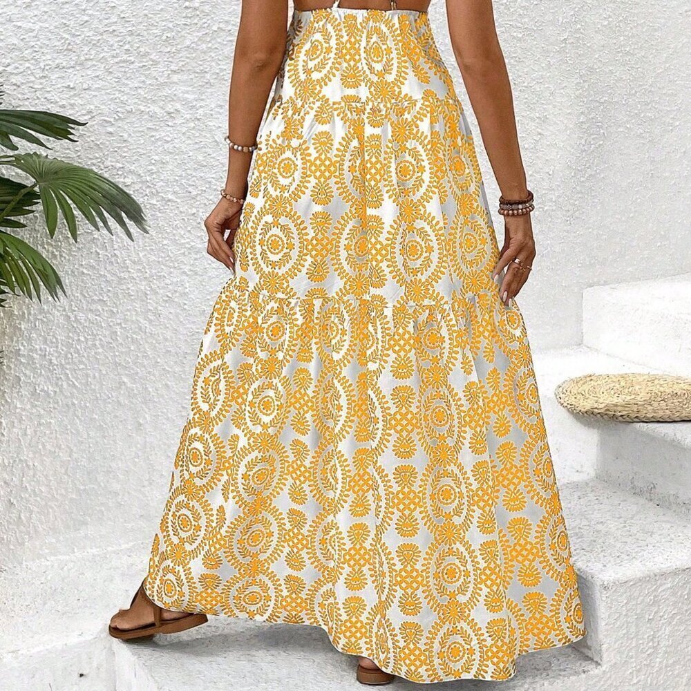 Yellow Boho Women's Plant Print Ruffle Hem Spaghetti Strap Dress - Picture 3 of 6